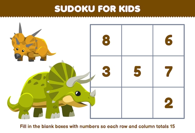 Juego educativo para niños sudoku para niños ayudar a los triceratops de dibujos animados lindos llenar la caja con los números correctos hoja de trabajo de dinosaurio imprimible