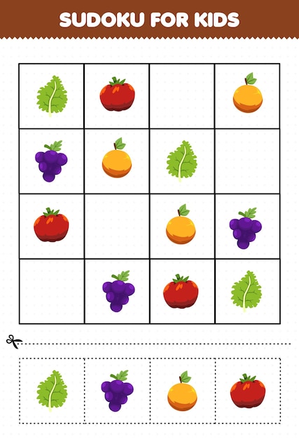 Juego educativo para niños sudoku para niños con dibujos animados de frutas y verduras col rizada tomate naranja uva imagen