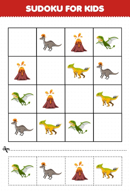 Juego educativo para niños sudoku para niños con dibujos animados lindo dinosaurio prehistórico lambeosaurus dimorphodon volcán leptoceratops imagen