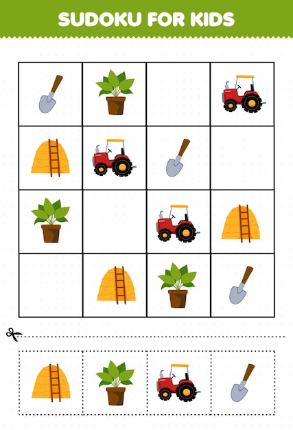 Juego educativo para niños sudoku para niños con dibujos animados lindo pala planta tractor pajar hoja de trabajo de granja imprimible