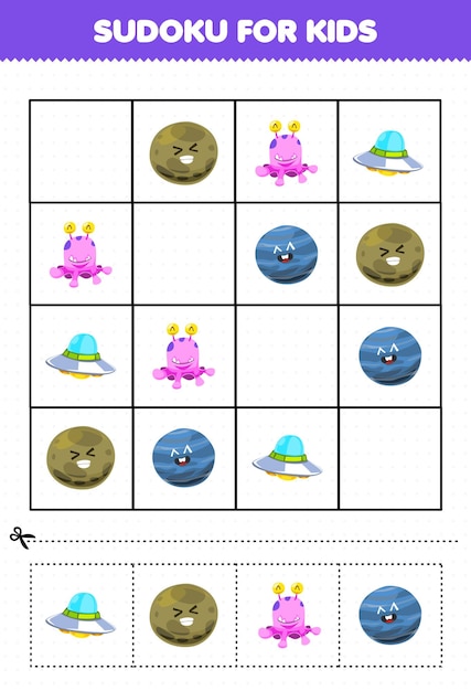 Juego educativo para niños sudoku para niños con dibujos animados lindo sistema solar planeta extraterrestre imagen ovni