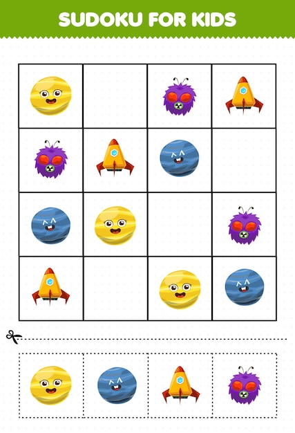 Juego educativo para niños sudoku para niños con dibujos animados lindo sistema solar planeta imagen de cohete alienígena