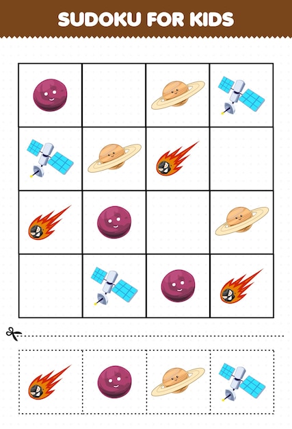 Juego educativo para niños sudoku para niños con dibujos animados lindo sistema solar planeta saturno satélite cometa imagen