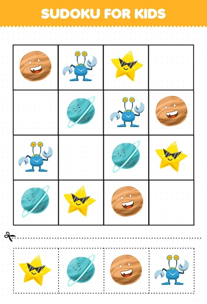 Juego educativo para niños sudoku para niños con dibujos animados lindo sistema solar planeta urano estrella imagen alienígena