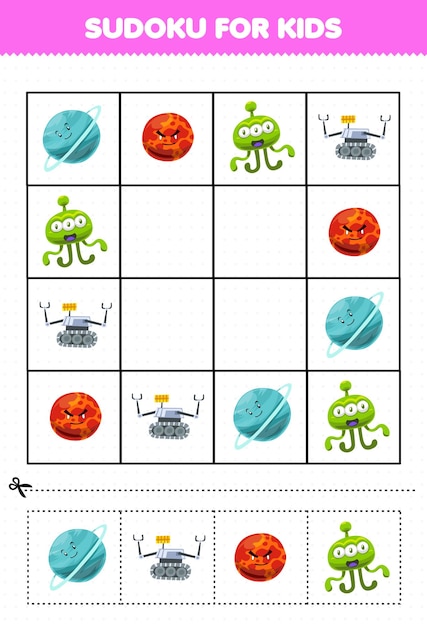 Juego educativo para niños sudoku para niños con dibujos animados lindo sistema solar planeta urano marte robot alienígena imagen