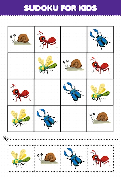 Juego educativo para niños sudoku para niños con hoja de trabajo de error imprimible de hormiga de caracol de libélula de dibujos animados lindo