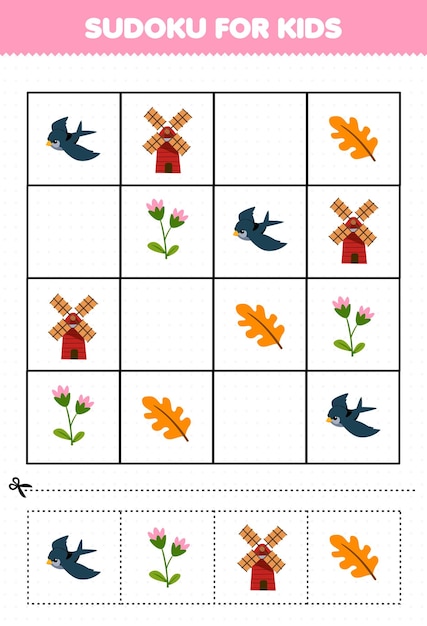 Juego educativo para niños sudoku para niños con hoja de trabajo de granja imprimible de hoja de molino de viento de pájaro de dibujos animados lindo