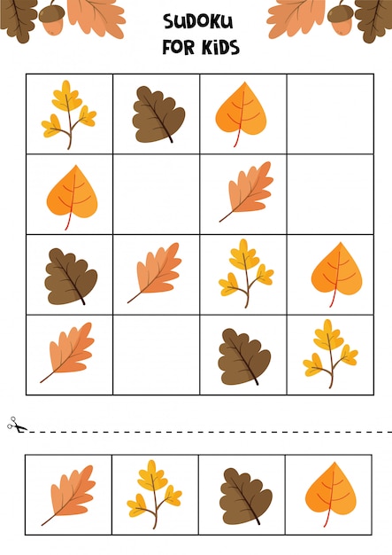 Juego educativo para niños. sudoku para niños. hoja de trabajo de otoño. conjunto de lindas hojas de otoño.