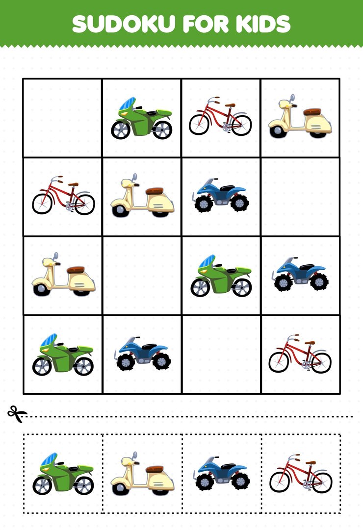 Vector juego educativo para niños sudoku para niños con imagen de transporte de bicicleta de dibujos animados