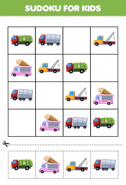Juego educativo para niños sudoku para niños con imagen de transporte de camiones de dibujos animados