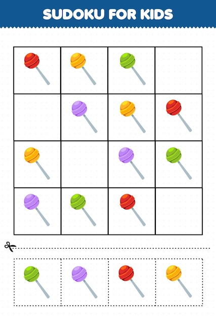 Juego educativo para niños sudoku para niños con imágenes de dulces de bocadillos de comida de dibujos animados