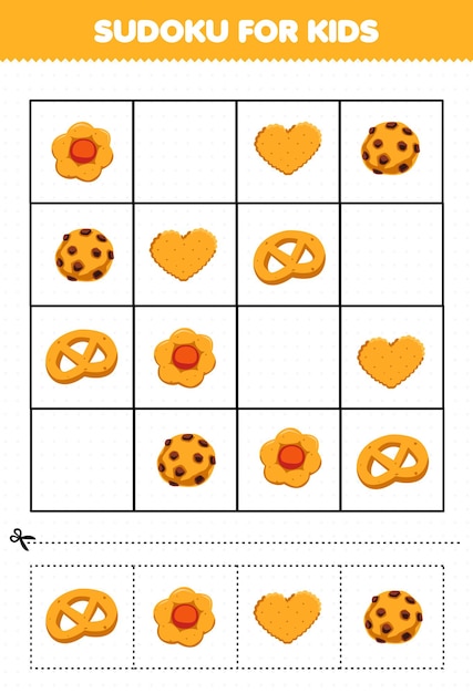 Juego educativo para niños sudoku para niños con imágenes de galletas de galletas de bocadillos de comida de dibujos animados