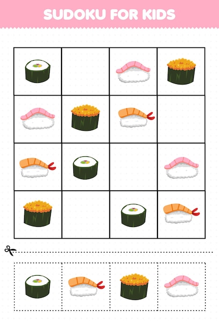 Juego educativo para niños sudoku para niños con imágenes de sushi de comida japonesa de dibujos animados