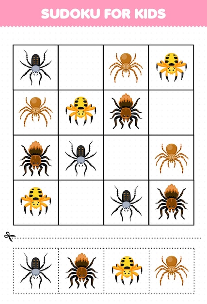 Juego educativo para niños sudoku para niños con linda hoja de trabajo imprimible de error de araña de dibujos animados