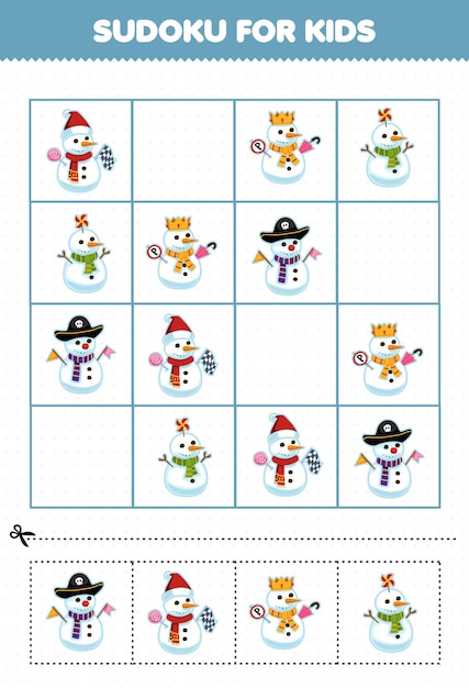 Juego educativo para niños sudoku para niños con linda hoja de trabajo de invierno imprimible de muñeco de nieve de dibujos animados