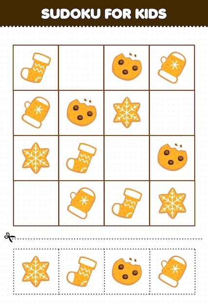 Juego educativo para niños sudoku para niños con lindo calcetín de dibujos animados y galletas de copos de nieve hoja de trabajo de invierno imprimible