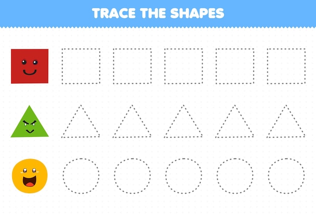 Juego educativo para niños trazar la hoja de trabajo imprimible círculo cuadrado triángulo formas