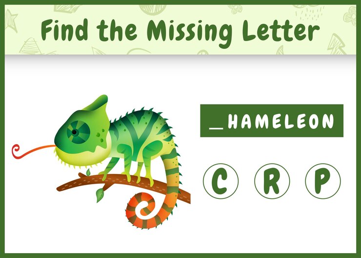 Vector juego educativo de ortografía para que los niños encuentren la letra que falta con un lindo camaleón