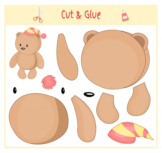 Juego educativo de papel para el desarrollo de niños en edad preescolar. Corta partes de la imagen y pégalas en el papel. Ilustracion vectorial Usa tijeras y pegamento para crear el aplique. Oso en el sombrero. Osito de peluche