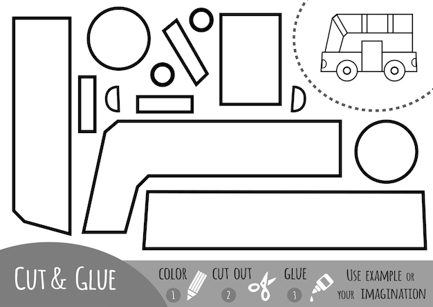 Juego educativo en papel para niños, Bus. Usa tijeras y pegamento para crear la imagen.