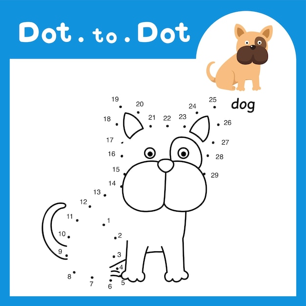 Juego educativo punto a punto y libro para colorear de dibujos animados de animales de perro para niños en edad preescolar, actividad sobre aprender a contar números y practicar la escritura a mano, hoja de trabajo, ilustración vectorial