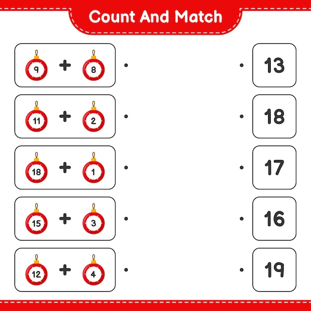 Juego educativo que cuenta el número de bolas de navidad y empareja con los números correctos.