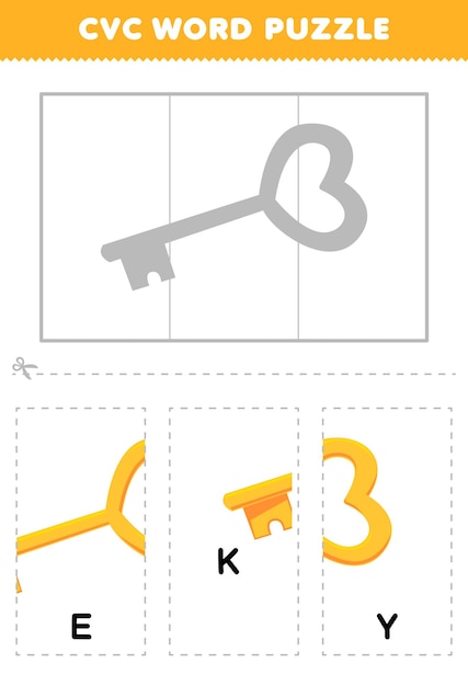 Juego educativo para que los niños aprendan la palabra cvc completando el rompecabezas de la hoja de trabajo imprimible con imagen clave de dibujos animados lindos