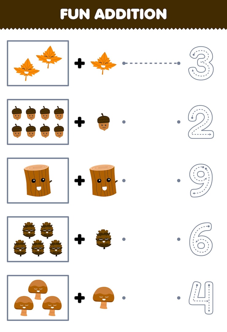 Vector juego educativo para que los niños se diviertan contando y agreguen una hoja de arce más de dibujos animados, bellotas, troncos de madera, piñas, luego elijan el número correcto de la hoja de trabajo de la naturaleza.