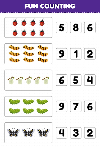 Juego educativo para que los niños se diviertan contando y eligiendo el número correcto de dibujos animados lindo mariquita gusano de seda capullo oruga mariposa hoja de trabajo de error imprimible