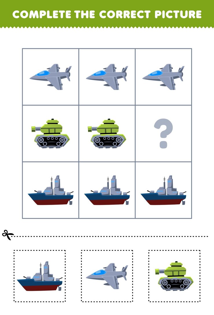 Vector juego educativo para que los niños elijan y completen la imagen correcta de un avión de combate de acorazado de dibujos animados lindo o una hoja de trabajo de transporte imprimible de tanque