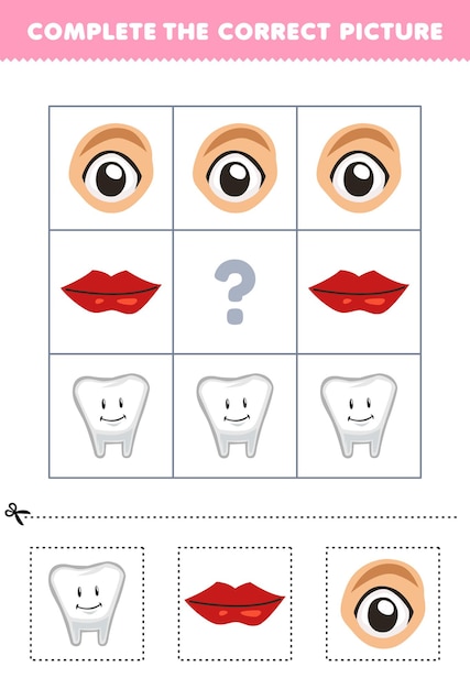 Juego educativo para que los niños elijan y completen la imagen correcta de una hoja de trabajo de anatomía imprimible del labio del diente o del ojo