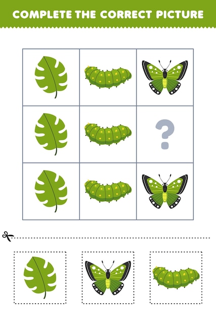 Juego educativo para que los niños elijan y completen la imagen correcta de una hoja de trabajo de insecto imprimible de mariposa de hoja de dibujos animados lindo o oruga