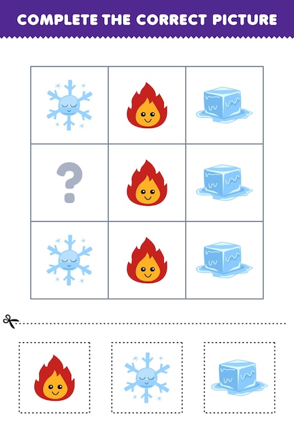 Juego educativo para que los niños elijan y completen la imagen correcta de una hoja de trabajo de naturaleza imprimible de copo de nieve de fuego de dibujos animados lindo o hielo