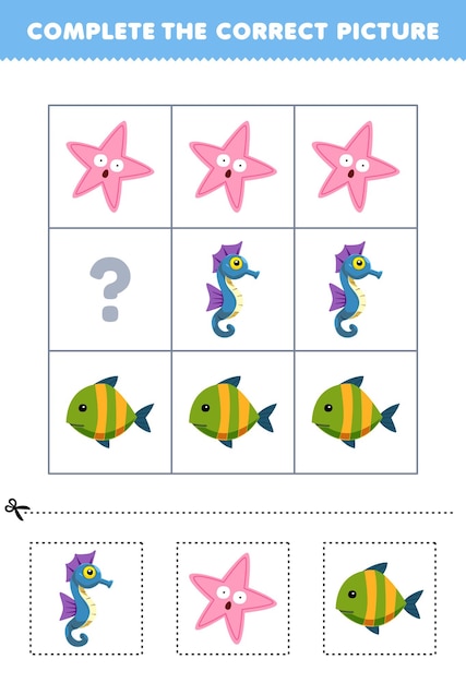 Juego educativo para que los niños elijan y completen la imagen correcta de una linda caricatura de caballito de mar, estrella de mar o hoja de trabajo subacuática imprimible de peces