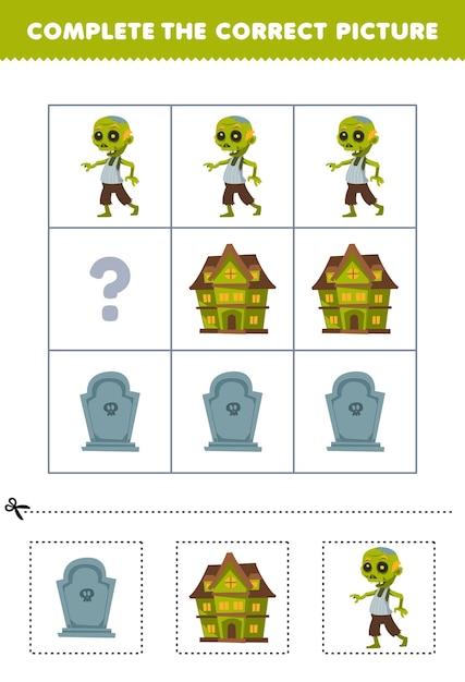 Juego educativo para que los niños elijan y completen la imagen correcta de una linda casa espeluznante de lápida de dibujos animados o una hoja de trabajo imprimible de halloween de zombies