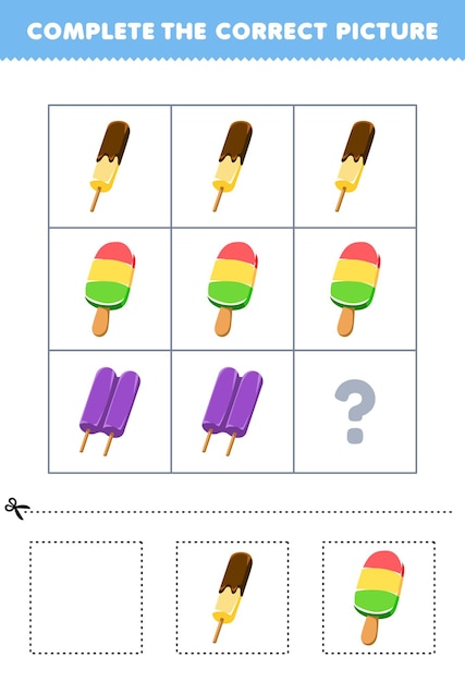 Juego educativo para que los niños elijan y completen la imagen correcta de una linda hoja de trabajo imprimible de alimentos con paletas de hielo de dibujos animados