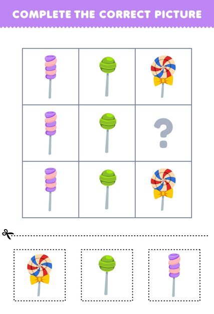 Juego educativo para que los niños elijan y completen la imagen correcta de una linda hoja de trabajo imprimible de comida de dulces de dibujos animados