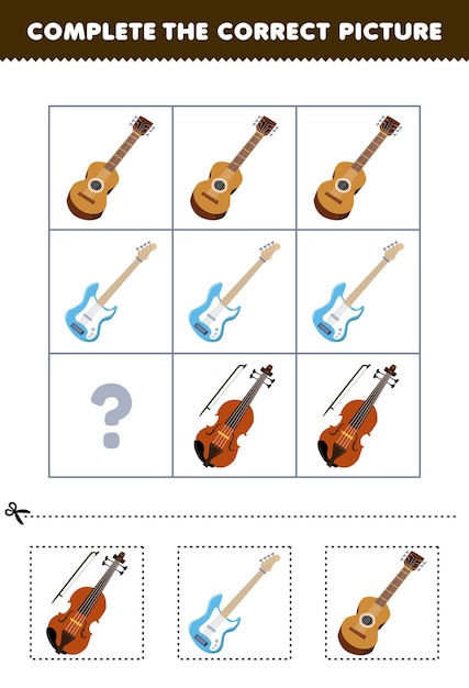 Juego educativo para que los niños elijan y completen la imagen correcta de una linda hoja de trabajo de música imprimible de guitarra o violín de dibujos animados