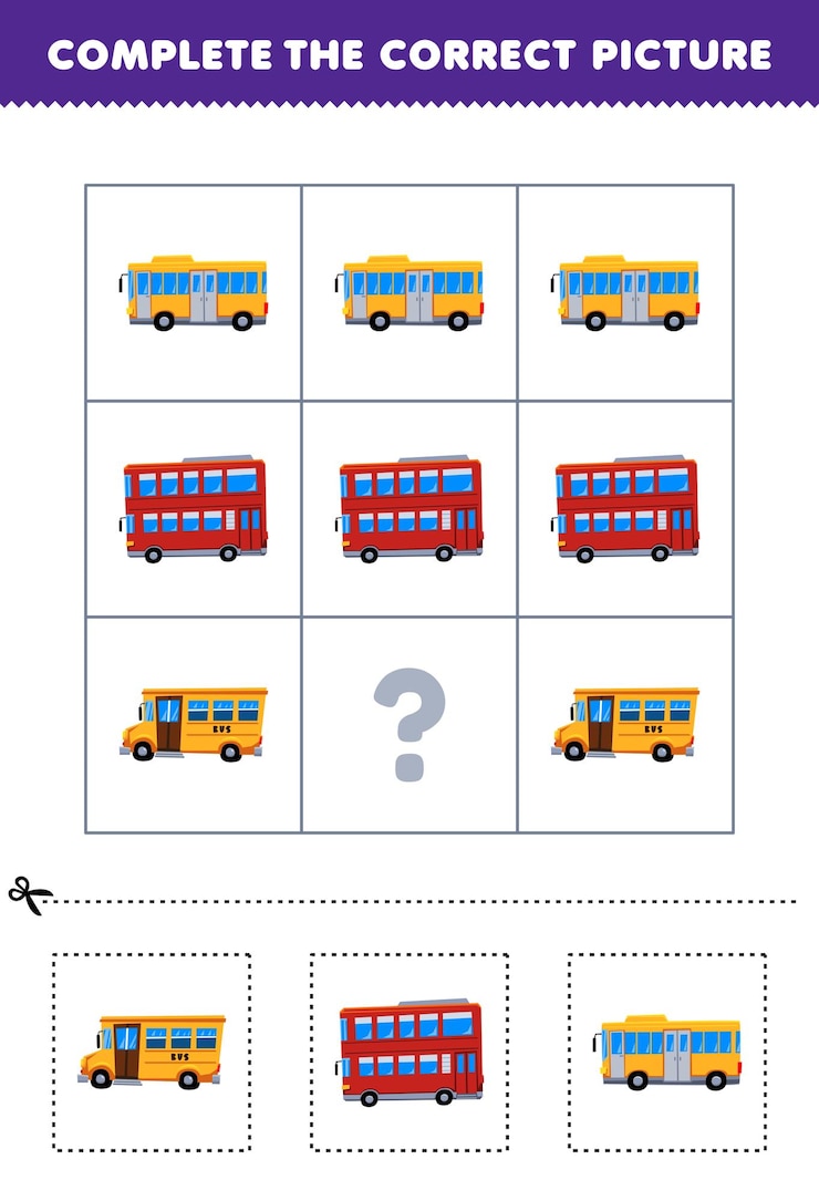 Vector juego educativo para que los niños elijan y completen la imagen correcta de una linda hoja de trabajo de transporte imprimible de autobús de dibujos animados