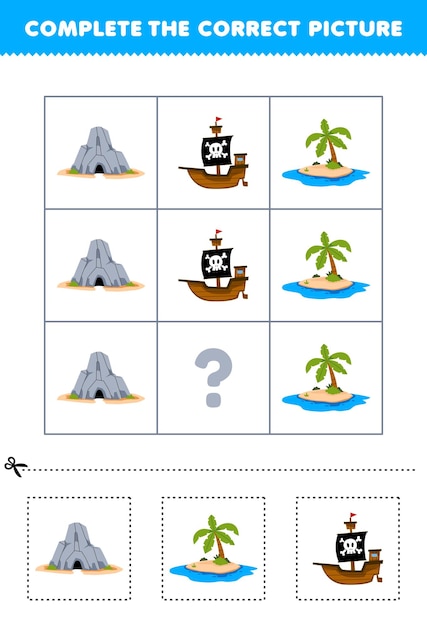 Juego educativo para que los niños elijan y completen la imagen correcta de una linda isla cueva de dibujos animados o una hoja de trabajo pirata imprimible