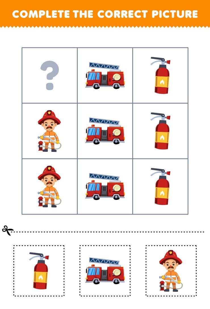Vector juego educativo para que los niños elijan y completen la imagen correcta de un lindo camión de bomberos de dibujos animados o una hoja de trabajo de profesión imprimible de extintor