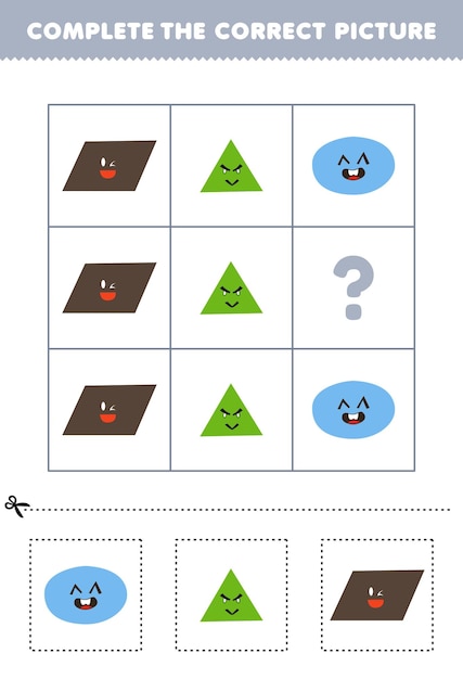 Juego educativo para que los niños elijan y completen la imagen correcta de un lindo triángulo ovalado de dibujos animados o una hoja de trabajo de forma imprimible de paralelogramo