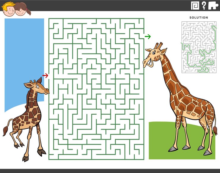 Vector juego educativo de rompecabezas laberinto para niños con dibujos animados bebé jirafa y mamá