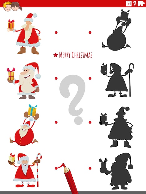 Juego educativo de sombras con personajes de santa claus con regalos