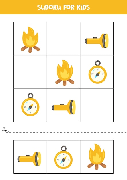 Juego educativo de sudoku con elementos de camping para niños.