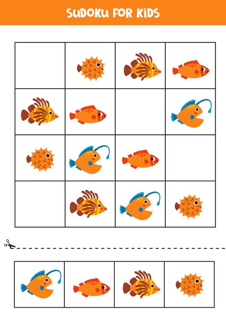 Juego educativo de sudoku con lindos peces marinos.