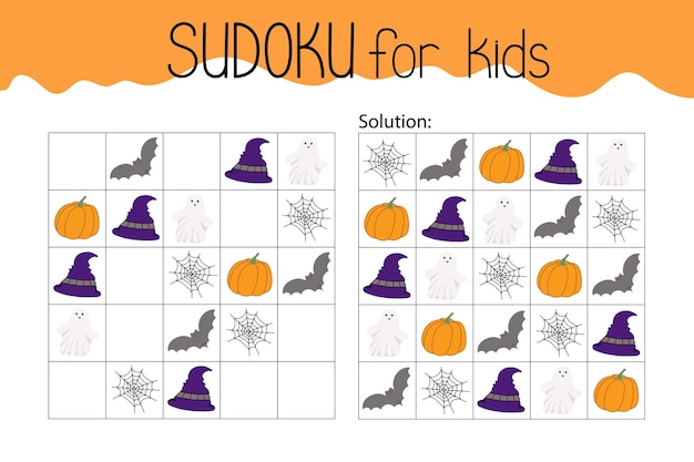 Juego educativo sudoku o hoja de trabajo de actividades de ocio con rompecabezas de vocabulario temático de halloween