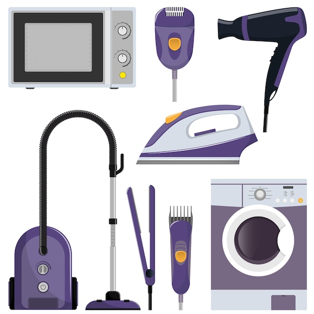 Juego de electrodomésticos modernos, lavadora, aspiradora, plancha, microondas, secador de pelo, depiladora