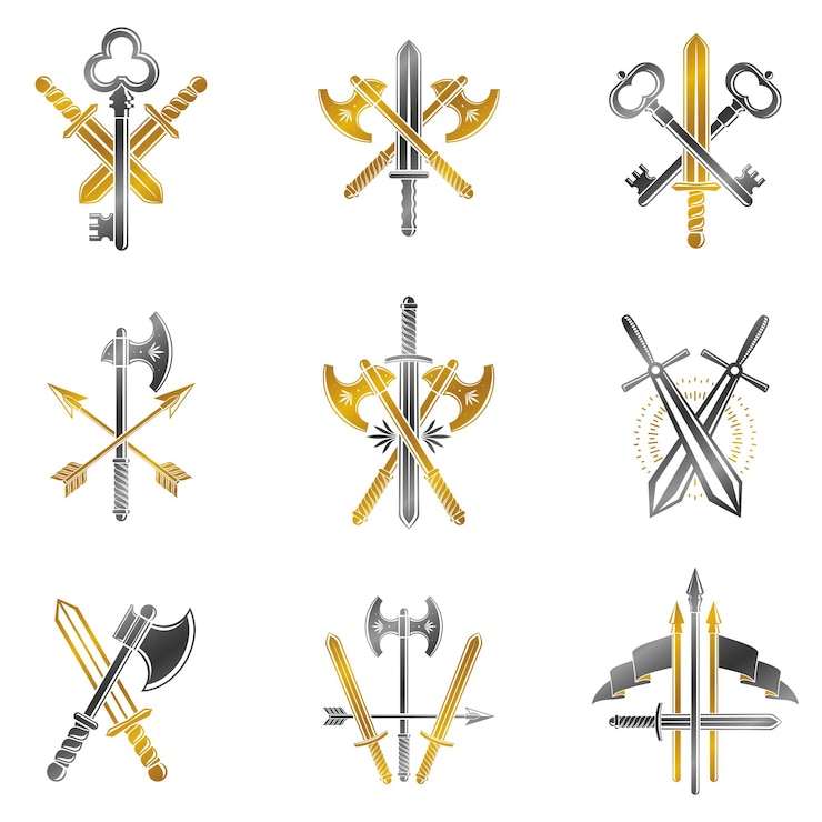 Vector juego de emblemas de armas antiguas. colección de emblemas decorativos del escudo heráldico.
