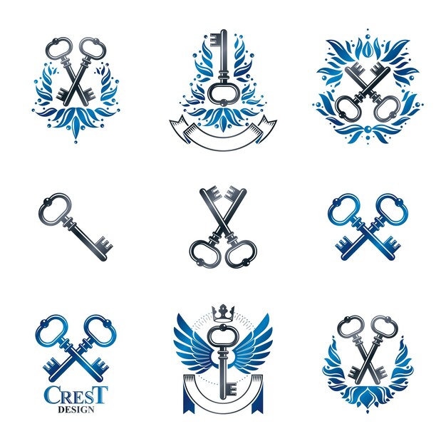 Juego de emblemas de llaves antiguas. Logotipos decorativos del escudo de armas heráldico colección de ilustraciones vectoriales aisladas.